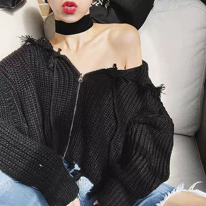 Pull Oversize Épaules Dénudées Maille Fluffy