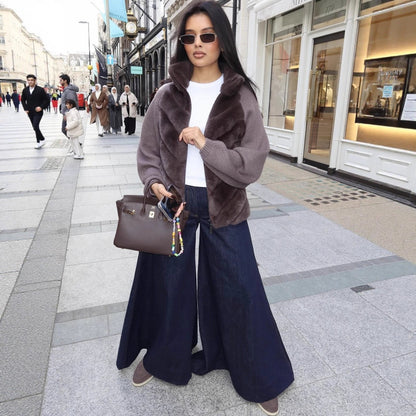 Veste chic bi-matière en fausse fourrure